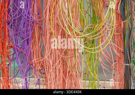 Farbige elektrische Drähte. Bunte elektrische Kabel für elektrische Verkabelungssysteme in modernen Gebäuden. Kabel und Kabel für Strom- und Beleuchtungssystem. Stockfoto