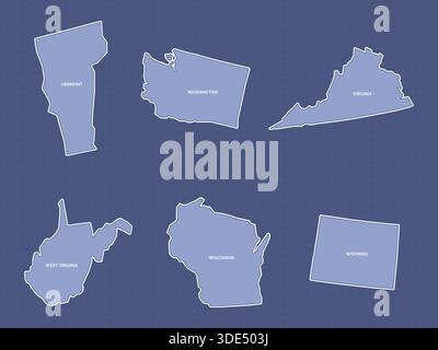Kartenset von Vermont, Virginia, Washington, West Virginia, Wisconsin und Wyoming Stock Vektor