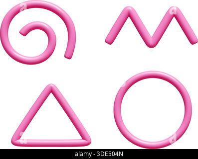 Rosafarbene Linien in 3D – glänzende Kritzelkreise, Dreiecke und wellige Kurven mit glattem Röhrendesign. Stock Vektor