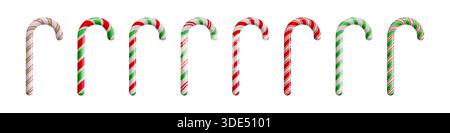 Zuckerstange. Weihnachten Pfefferminzzucker, 3D rotes und weißes Noel-Karamell oder süßer gestreifter Lutscher. Neujahrsessen. Dekoratives Element mit niedlichem Zeichentrickfilm-Rendering in Hochglanz. Vektor isoliertes realistisches Set Stock Vektor