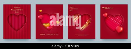 3D-Hintergrund zum Valentinstag mit einem roten Herz aus strukturiertem Papier, Farbstrichen und Herzen. Modell der Produktanzeige. Bühnenpräsentation. Vecto Stock Vektor