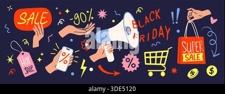 Black Friday-Werbung. Hände halten die Papiertüte. Geschäftsgeschenk. Moderne Marketingförderung. Prozentsatz des Telefonrabatt-Coupons. Verkaufsankündigung mit Megaphon. Online-Shopping-Anzeige. Vektorelemente festgelegt Stock Vektor