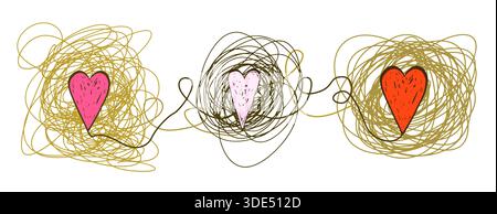 Goldene verwirrte Linie mit rosa und roten Herzen, romantisches Vektorbanner, Poster, Grußkarte Stock Vektor