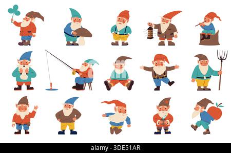 Zeichentrickzwerge Set. Süße Zwerge in verschiedenen Posen. Märchenmythologie ältere Männer mit weißem Bart und dekorativen Gartenelementen. Fantasie Stock Vektor