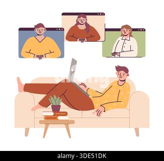 Online-Konferenz. Mann, der auf dem Sofa liegt und am Laptop arbeitet. Freiberufliches Arbeiten und Fernarbeit. Geschäftstreffen, virtueller Chat und Video, Home Office,. V Stock Vektor