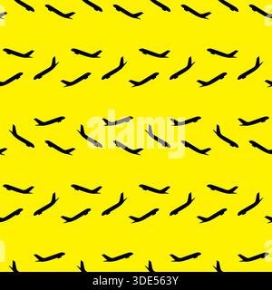 Nahtloses schwarzes Flugzeugmuster für den gelben Hintergrund. Bannerdesign für Reisebüros Stock Vektor