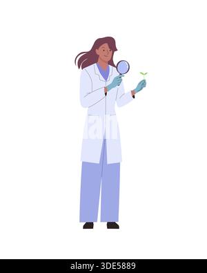 Wissenschaftlerin in Laborkittel, die Lupe hält und Pflanzenblattproben untersucht, die biologische oder chemische Forschung oder Analyse durchführen Stock Vektor