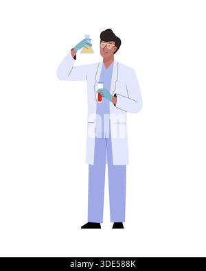 Wissenschaftler Mann in Labormantel hält Reagenzglas mit Flüssigkeit, die medizinische oder chemische Forschung oder Analyse durchführt Stock Vektor