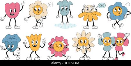 Groovige Blumenfiguren. Lustige Retro-Kamille, Comic Gänseblümchen und Tulpe. Isolierte Vintage-Maskottchen mit Blumenmuster. Emotionale Pflanzen, Aufkleberdesign Stock Vektor