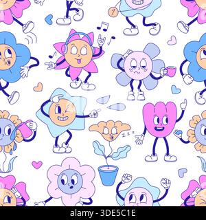 Grooviges nahtloses Blumenmuster. Cartoon Kamille, Gänseblümchen, Blumen im Topf, Tanzen, Kaffee trinken. Design im Retro-Stil für Stoff und Hintergrund Stock Vektor