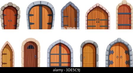 Türen im alten Stil von Zeichentrickfilmen. Mittelalterliche Tür der Burg, Palast, Steinmauer. Vintage Holzsteine Eisenarchitektur Außenelemente, sapid Vektor Design Stock Vektor