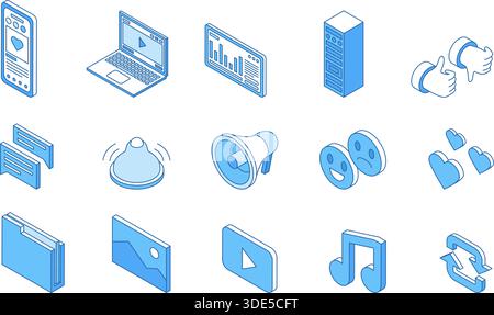 Isometrie Social-Media-Symbole. Austausch und Speicherung von Daten, Informationen, Nachrichtenbenachrichtigung. Digitale Geräte, Laptop, Smartphone und Tablet Stock Vektor