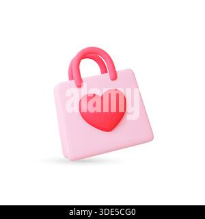 Einkaufstasche 3D-Symbol. Isoliertes Liebesgeschenk oder Geschenk für valentinstag, Dating, Hochzeit. Dekorative Putzelemente aus Kunststoff, Rabatt, Geschäft Stock Vektor