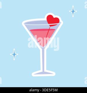 Modische, skurrile Abzeichen mit Kritzelmuster und niedlichen Elementen. Set mit Aufklebern im Comic-Stil, rosa Cocktail mit Herz Stock Vektor