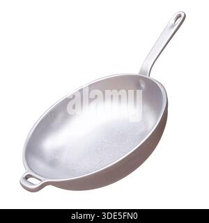 Leere Metallpfanne isoliert auf weißem, langem Griff, Kochutensilien. 3D-Rendering Stockfoto