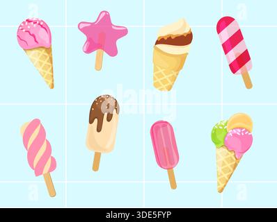 Desserts, süßes Essen Set. Leckeres Streetfood, Süßwaren-Snacks. Stock Vektor