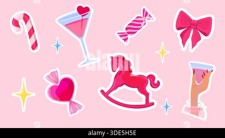 Vektor-Set Valentinstag-Aufkleber. Niedliche Ikonen Illustration im Cartoon-Stil. Sammlung von Süßigkeiten, Schleife, Champagner Stock Vektor
