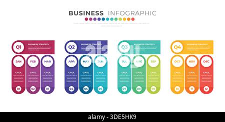 Infografik mit 12-monatigen Schritten für den Strategieplan für das ganze Jahr oder den Projektzeitplan Stock Vektor