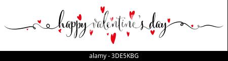 Kalligraphischer Happy Valentine's Day-Schriftzug mit handgezeichneten roten Herzsymbolen. Handgeschriebene Valentinstag-Typografie auf isoliertem Hintergrund. Valentinstag Stock Vektor