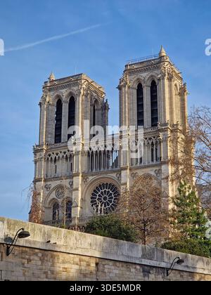 Blick von einem Schiff auf der seine zur herrlichen Fassade der Kathedrale Notre-Dame in Paris, Frankreich Stockfoto