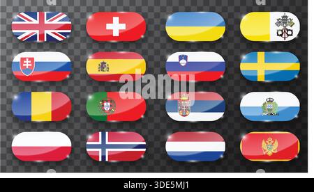 Set aus verschiedenen Hochglanzfahnen isoliert auf dunklem Hintergrund Stock Vektor