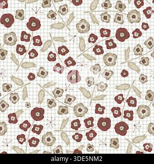 Helle Cottagecore-Vektor-Blütenzweige auf Gingham-Textur. Nahtloses Hintergrundmuster des Vektors. Handgezeichnete rot-grüne Blumen auf schwarzem Hintergrund Stock Vektor