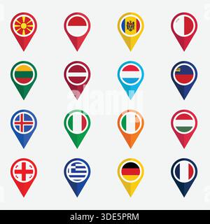 Set aus verschiedenen Flags mit Positionssymbolen Stock Vektor