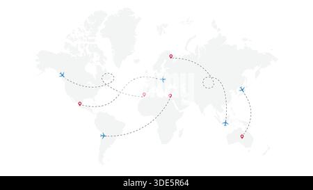 Set aus verschiedenen Flugzeuglinien und -Straßen mit Jet Icons und Weltkarte Stock Vektor