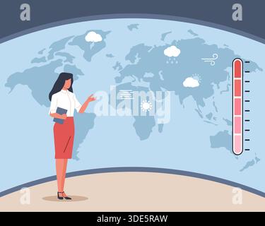 Meteorologie. Der Moderator der Wettervorhersage verfügt über einen großen Bildschirm mit Karte und Niederschlagssymbol, globales Wetter im TV-Studio, ein Thermometer, das den Anstieg anzeigt Stock Vektor