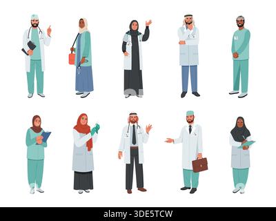 Muslimische Ärzte. Medizinisches Team aus dem Nahen Osten, islamische Krankenschwestern Charaktere mit traditionellen Kopfbedeckungen, Hijab oder Keffiyeh, Beratung und Gesundheit Stock Vektor