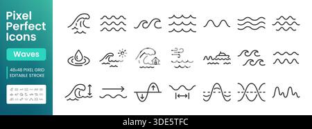 Symbolgruppe der Wasserkurven. Meerwasser, Seegewirbelung, Ozeansturm, Tsunami minimale Vektorgrafiken. Einfache Umrissschilder für Meereswetter Stock Vektor