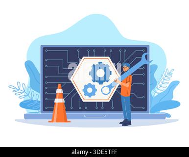Fehlerbehebung bei Problemen im Computersystem. Mann mit Schraubenschlüssel in der Nähe eines offenen Laptops, Website-Wartung, Software-Update, Reparatursystem, Entwickler männlich Stock Vektor