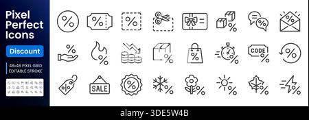 Symbolgruppe für Rabatt- und Verkaufspositionen. Coupon, Aktionscode, Geschenkkarte, Einkaufstasche, Flash Deal minimale Vektorillustrationen. Einfache Umrissschilder für den Einzelhandel Stock Vektor