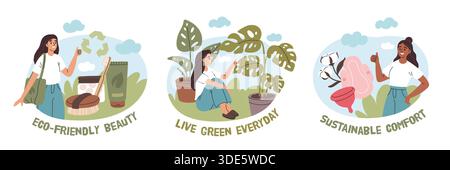 Umweltfreundliche Auswahlszenen. Umweltfreundlicher Lebensstil, natürliche Produkte, bewusster Konsum, ökologische Pflege, umweltfreundliches Wohnen nachhaltig nutzen Stock Vektor