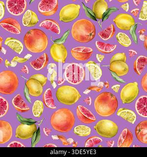 Nahtloses Muster mit Aquarellillustration von Grapefruit und Zitrone und Orange mit weißen Blumen. Handgemalter Druck mit Zitruszweig mit Grün Stockfoto