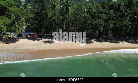 Blick aus der Vogelperspektive auf die Englishman’s Bay in Tobago mit einem abgeschiedenen sicheligen Strand, türkisfarbenem karibischem Wasser und üppigem tropischem Regenwald. Stockfoto