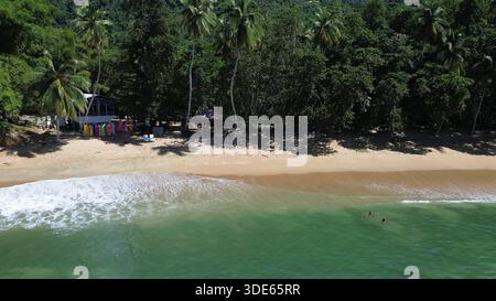 Blick aus der Vogelperspektive auf die Englishman’s Bay in Tobago mit einem abgeschiedenen sicheligen Strand, türkisfarbenem karibischem Wasser und üppigem tropischem Regenwald. Stockfoto