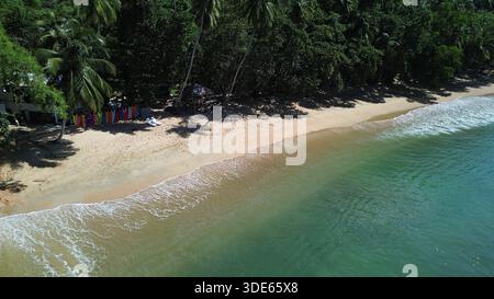 Blick aus der Vogelperspektive auf die Englishman’s Bay in Tobago mit einem abgeschiedenen sicheligen Strand, türkisfarbenem karibischem Wasser und üppigem tropischem Regenwald. Stockfoto