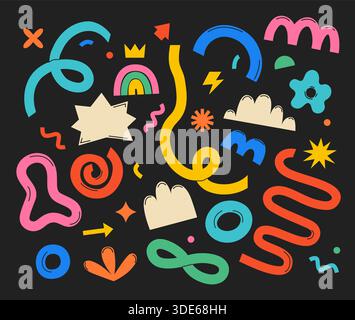 Lustige handgezeichnete Kritzelformen und Squiggles in kindlichem Stil. Pinsel farbenfrohe Zeichnungen isoliert auf schwarzen Collage-Elementen. Verspieltes Zeichentrickdesign für Verpackungsdesign, Tapeten und Druck. Vektor Stock Vektor