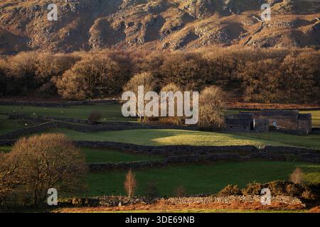 Eine abgelegene Farm in Eskdale, spät an einem Wintertag im englischen Lake District Stockfoto