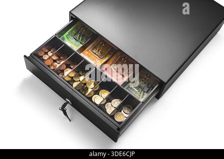 Offene Kassenschublade mit Geldstapeln von Euro-Banknoten und Cent-Münzen Sparungs- und Einzelhandelsdienstleistungen isoliert auf weißem Hintergrund Stockfoto