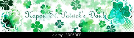 Horizontales Banner mit Text Happy St. Patrick's Day. Grünes Kleeblätter-Muster. Handgezeichnet. Nicht AI, Vektordarstellung. Stock Vektor