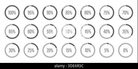 Kreisdiagrammsymbole für Infografiken von 100 bis 0 Prozent. Vorlage für die Anzeige der dunkelgrauen und grauen Füllung von Tortendiagrammen. Laden von runden Diagrammen Stock Vektor