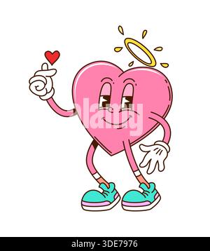 Cartoon grooviges valentinsherz mit Herzgeste Stock Vektor