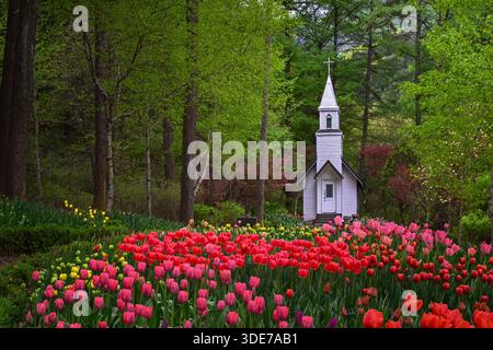 Kleine Holzkirche umgeben von der Natur im Garten der Morgenruhe Stockfoto