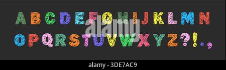 Buntstift mit englischem Alphabet. Farbenfrohe und lustige Schriftart im Handschriftenstil für Kinder. Grunge-Style. Vektorabbildung Stock Vektor
