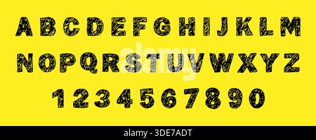 Buntstift mit englischem Alphabet. Kindliche Handschrift. Große und fettgedruckte Buchstaben und Zahlen. Grunge-Style. Vektorabbildung Stock Vektor