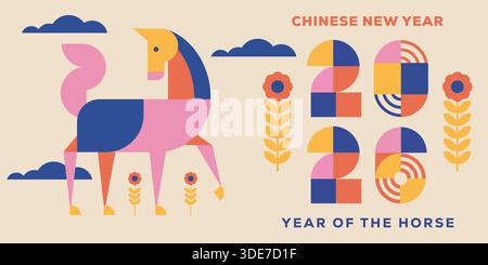 chinesisches Neujahrsjahr 2026 horizontale Fahne Illustration des Pferdes Stock Vektor