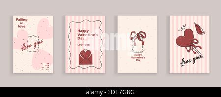 Set mit Coquette-Grußkarten zum Valentinstag. Handgezeichnete skurrile Rahmen mit eleganten Schleifen und Bändern. Vorlage für Poster, BA Stock Vektor