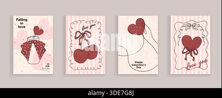 Set mit Coquette-Grußkarten zum Valentinstag. Handgezeichnete skurrile Rahmen mit eleganten Schleifen und Bändern. Vorlage für Poster, BA Stock Vektor